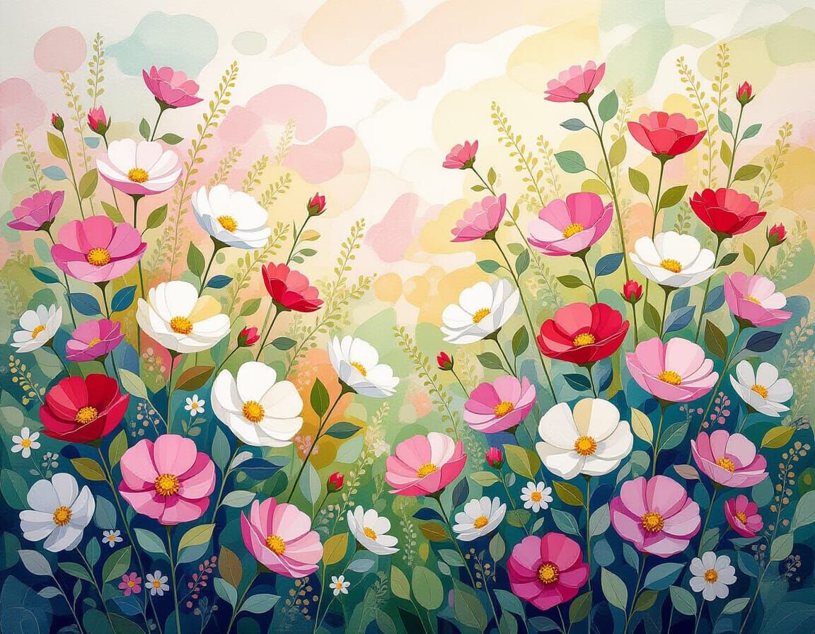 Cosmos Bushes in Aquarelle Pointillism Painting