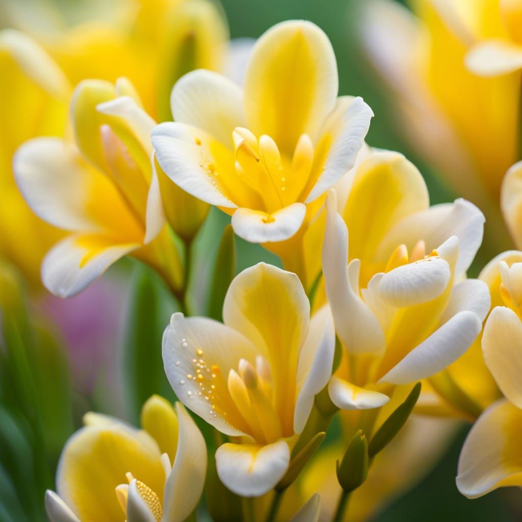 Freesia Flowers with Water Droplets in Soft Light