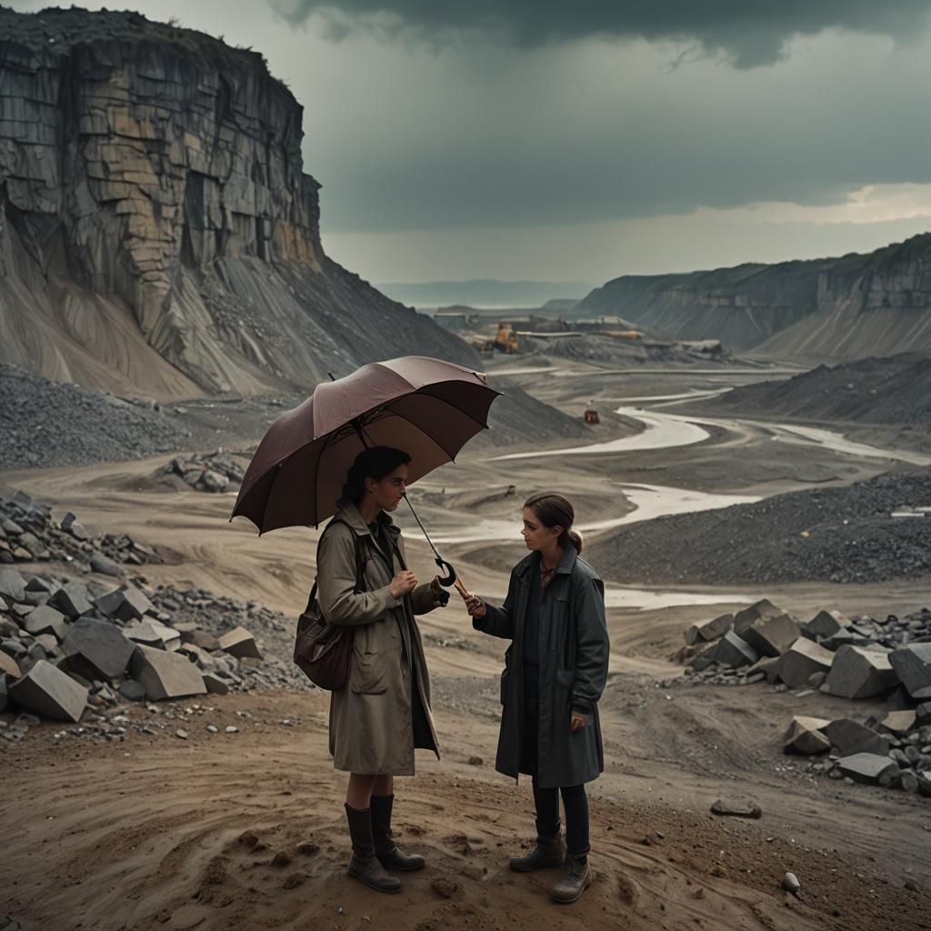 Geologists in Rainy Quarry: Cinematic Film Still