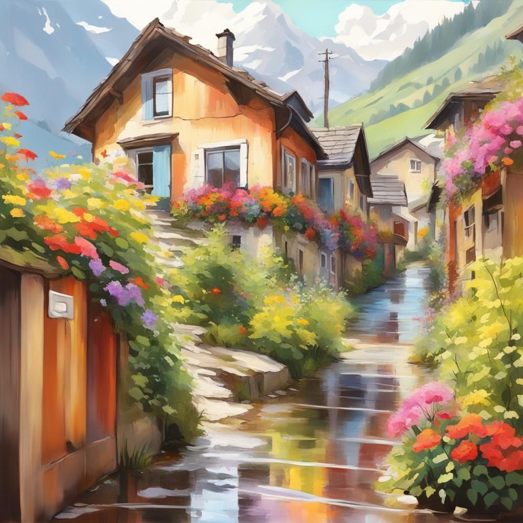 Wet Mountain Street After Rain: Impressionist Painting