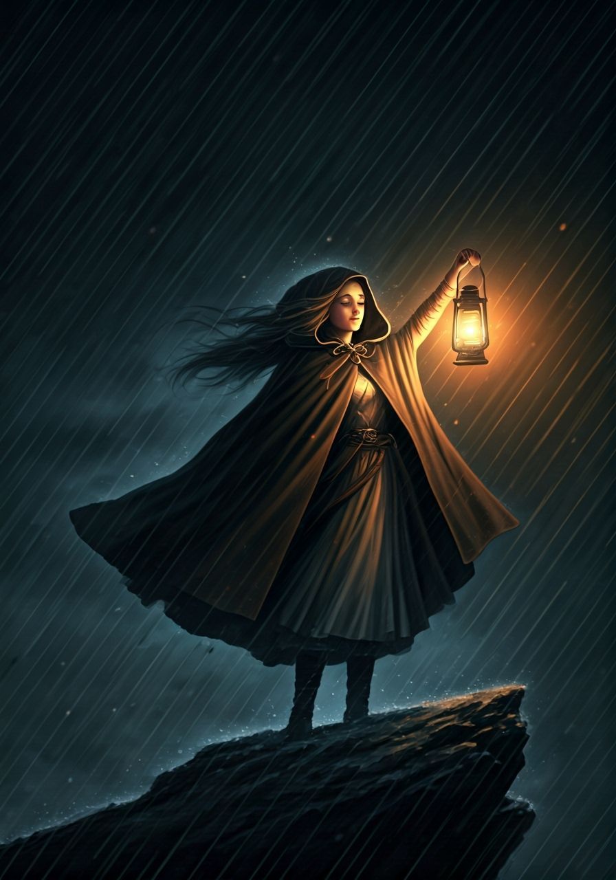 Resilient Maiden Holding Lantern in Stormy Fantasy Landscape