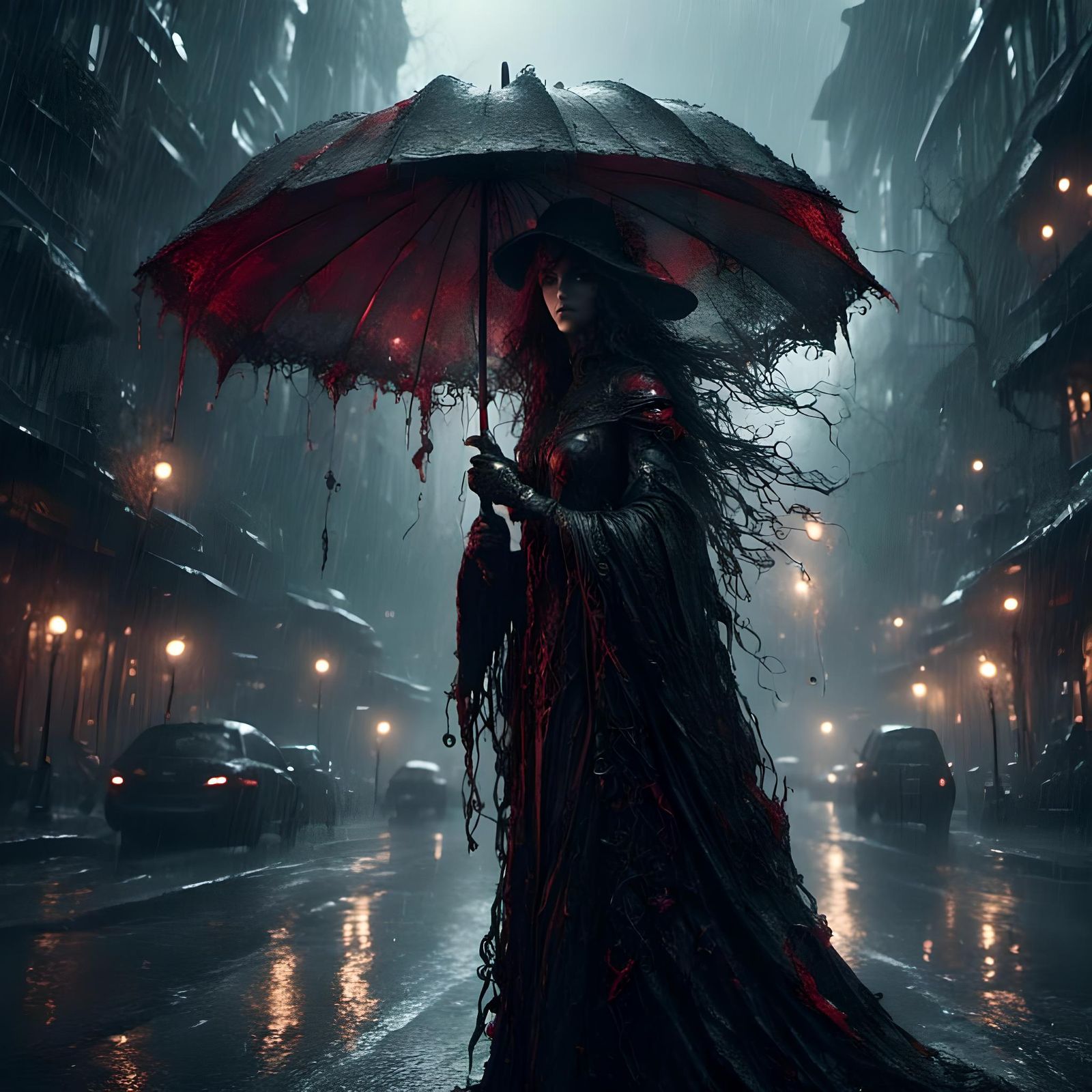 Beautiful Girl with Umbrella in Misty City