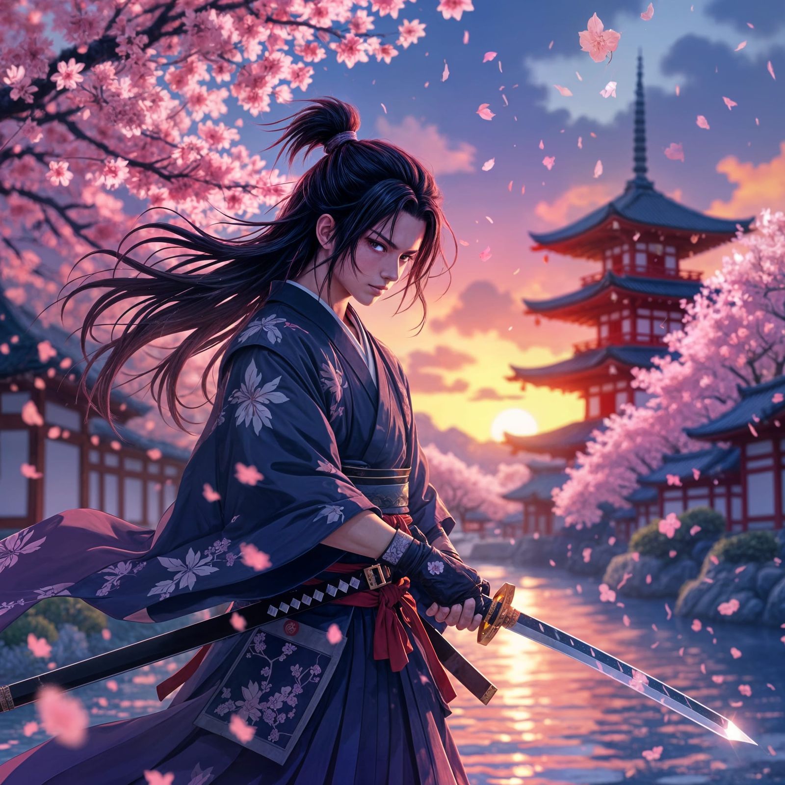 Anime Samurai Warrior Amidst Cherry Blossoms