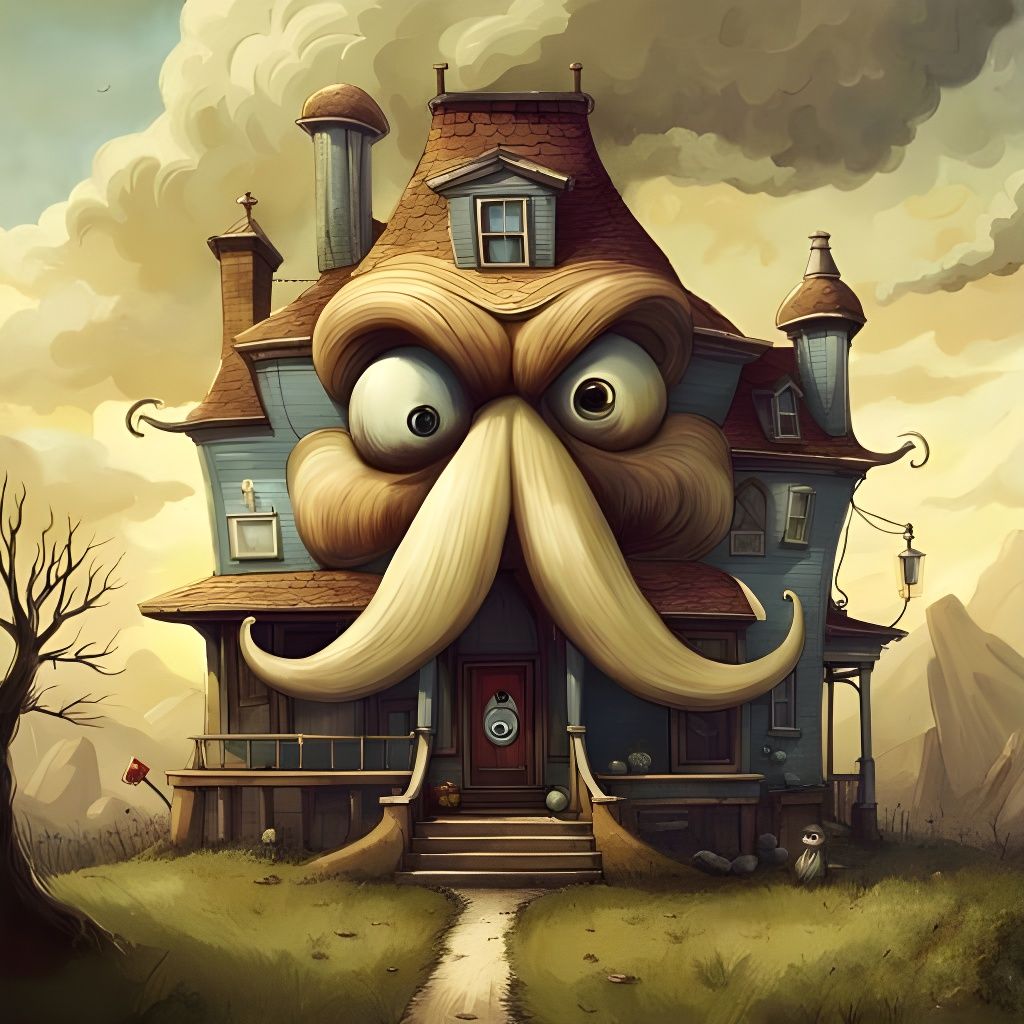 Cute Grumpy Mustache House Illustration