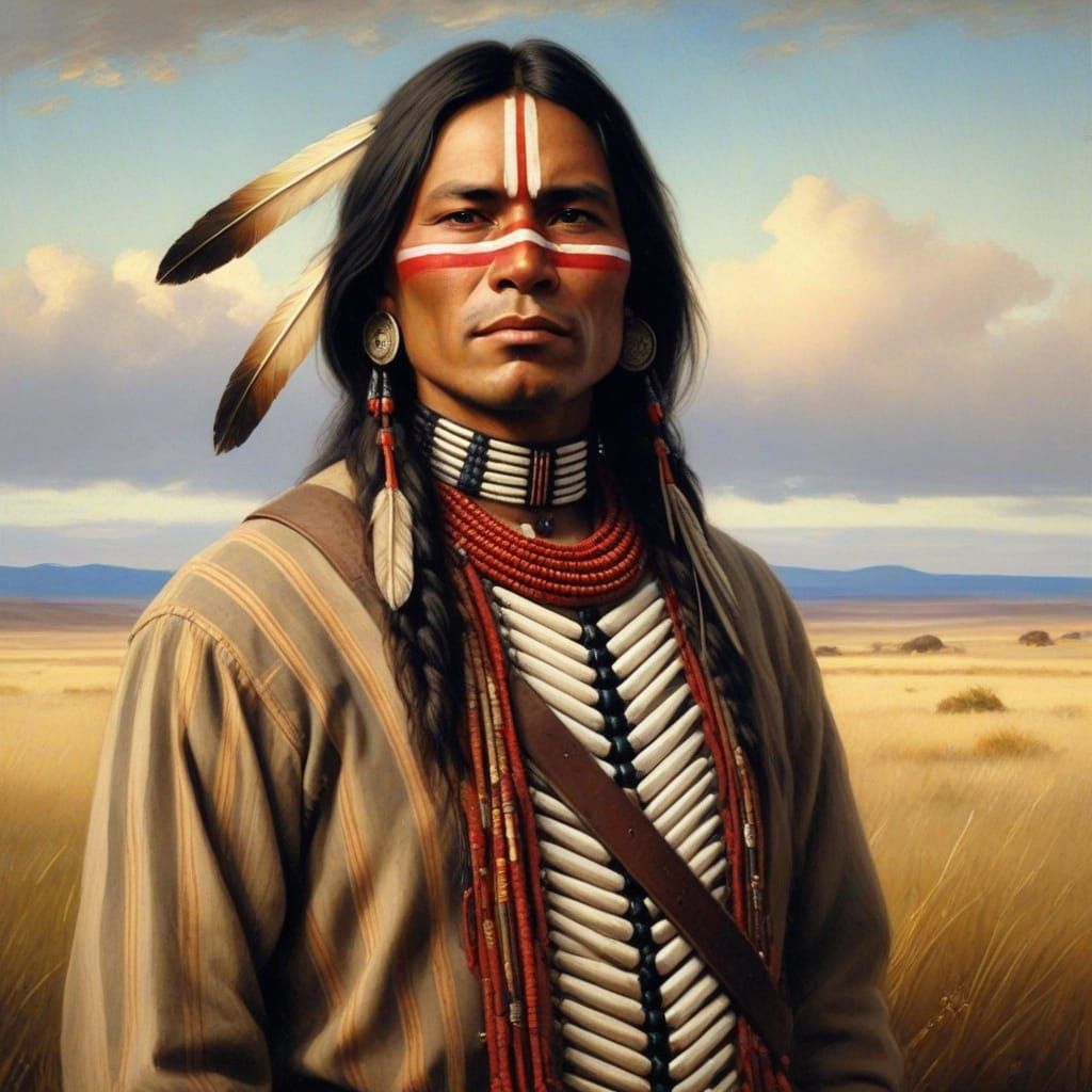 Realistic Portrait of a Native American Warrior in Earthy To...