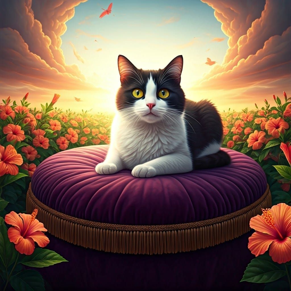 Tuxedo Cat on Purple Bed in Hibiscus Field