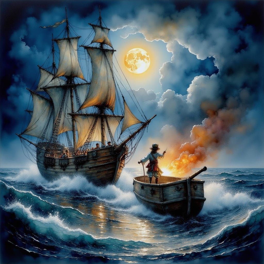 Pirate Ship Raid at Night in a Dramatic Maritime Scene