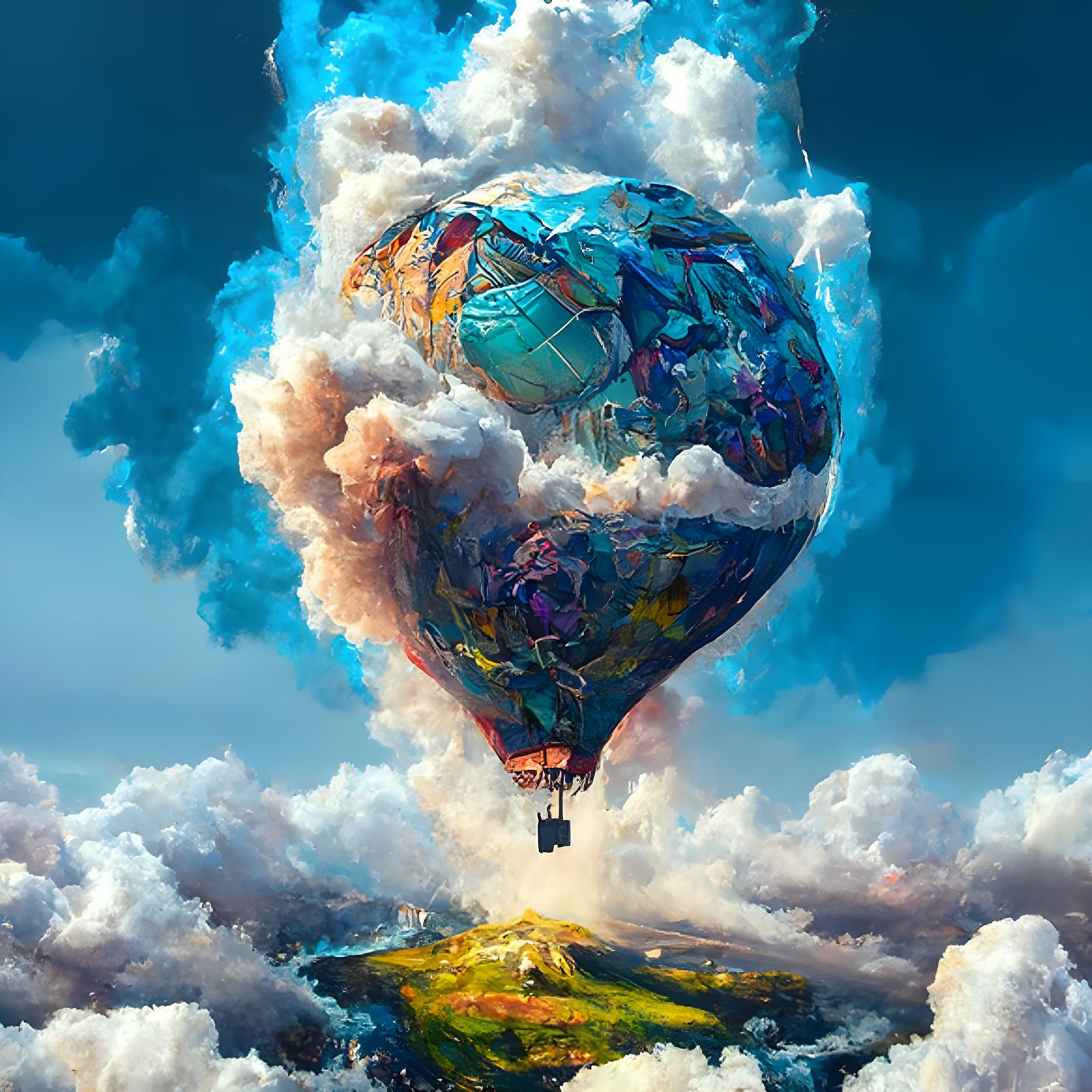 Earth Hot Air Balloon in Space: Maximalist Photoillustration