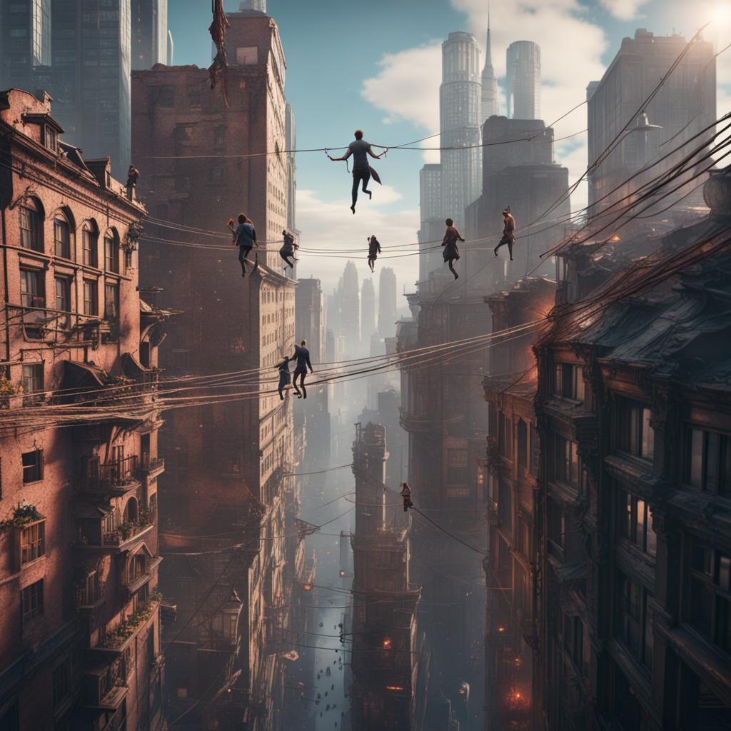 Fantastical City Tightrope Walkers in Detailed Matte Paintin...