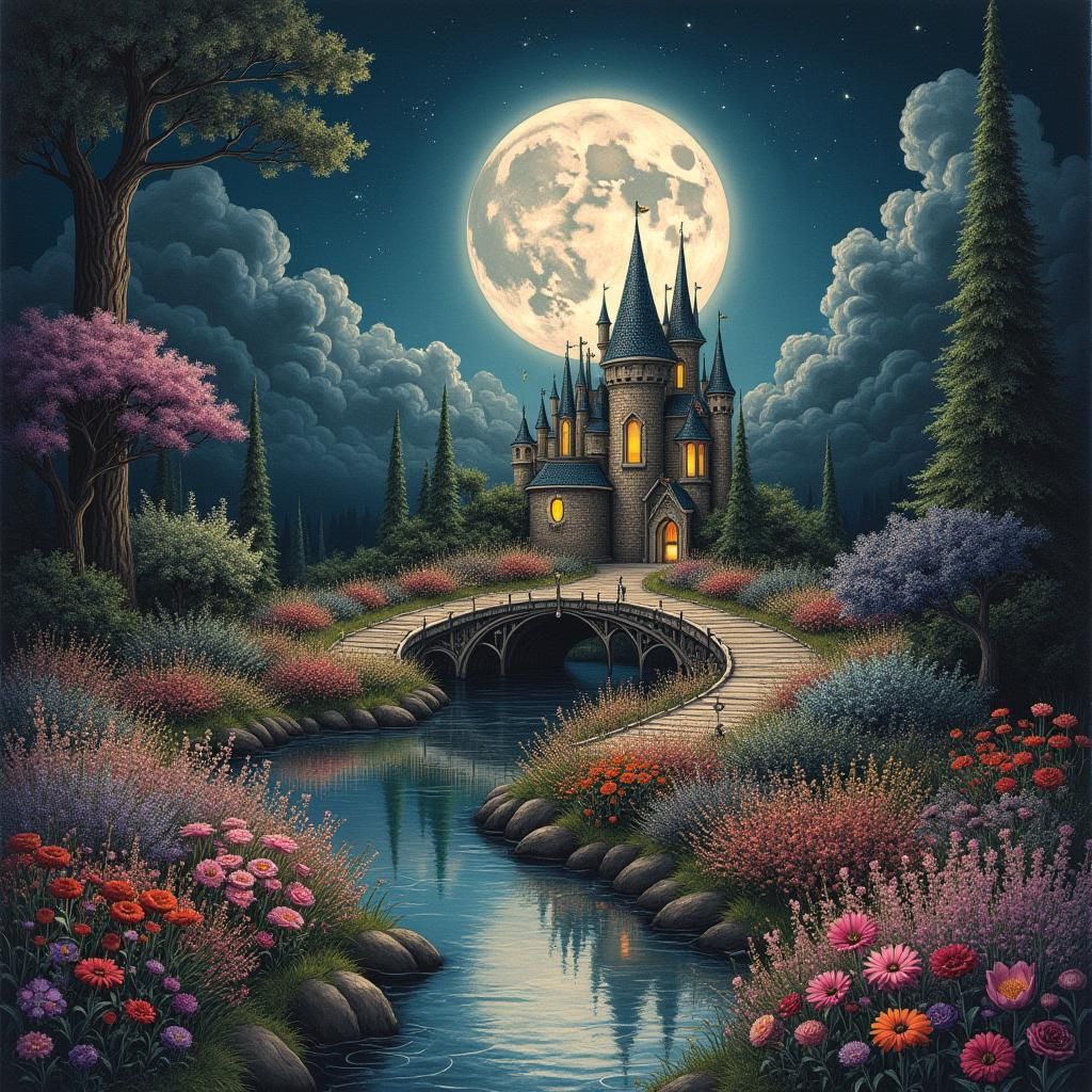 Fairy Castle Charcoal Drawing with Moonlit Bridge