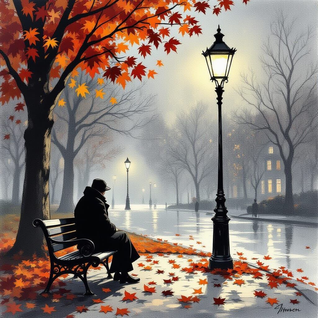 Figure on Park Bench Under Streetlamp in Autumn