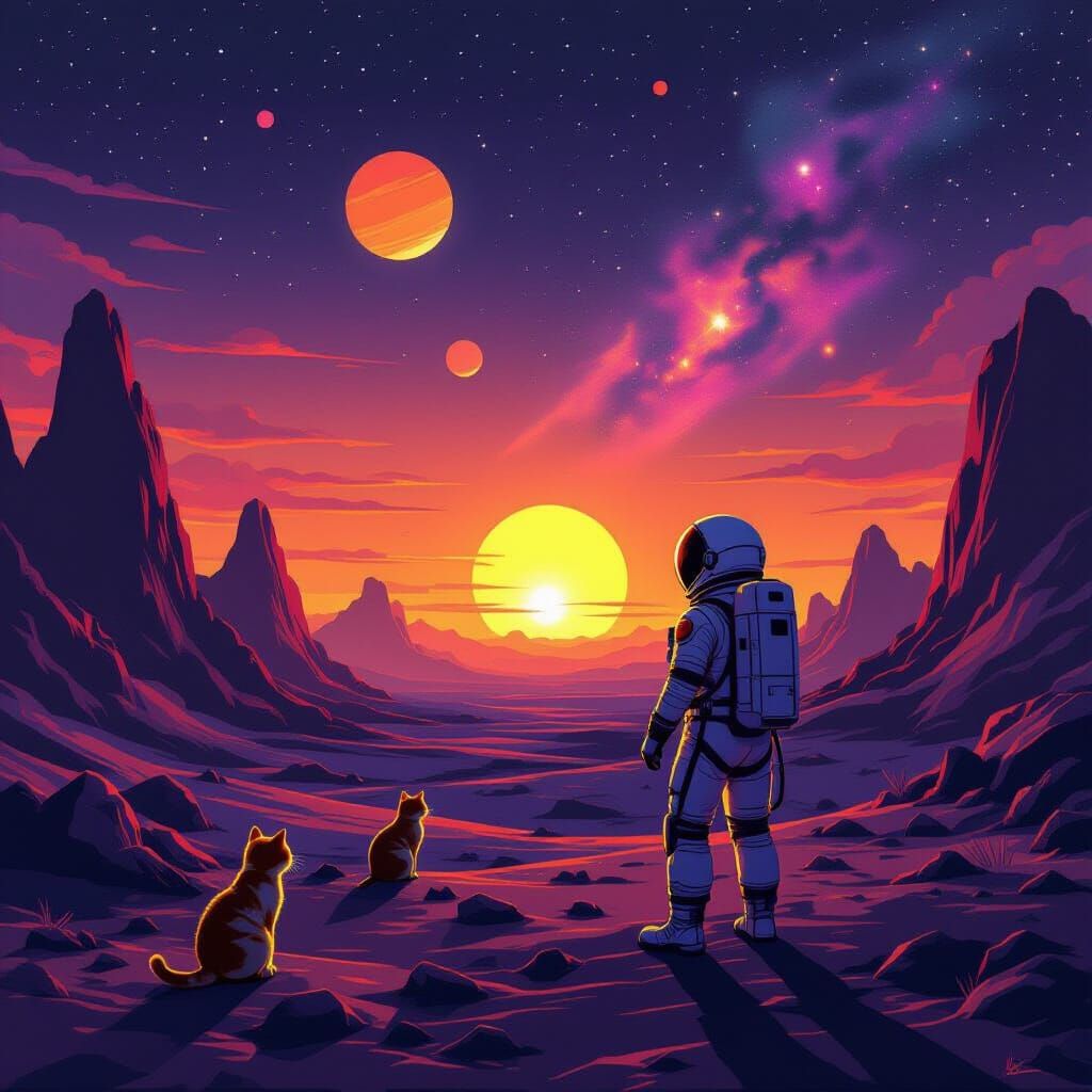 Astronaut Gazes at Binary Sunset on Alien World