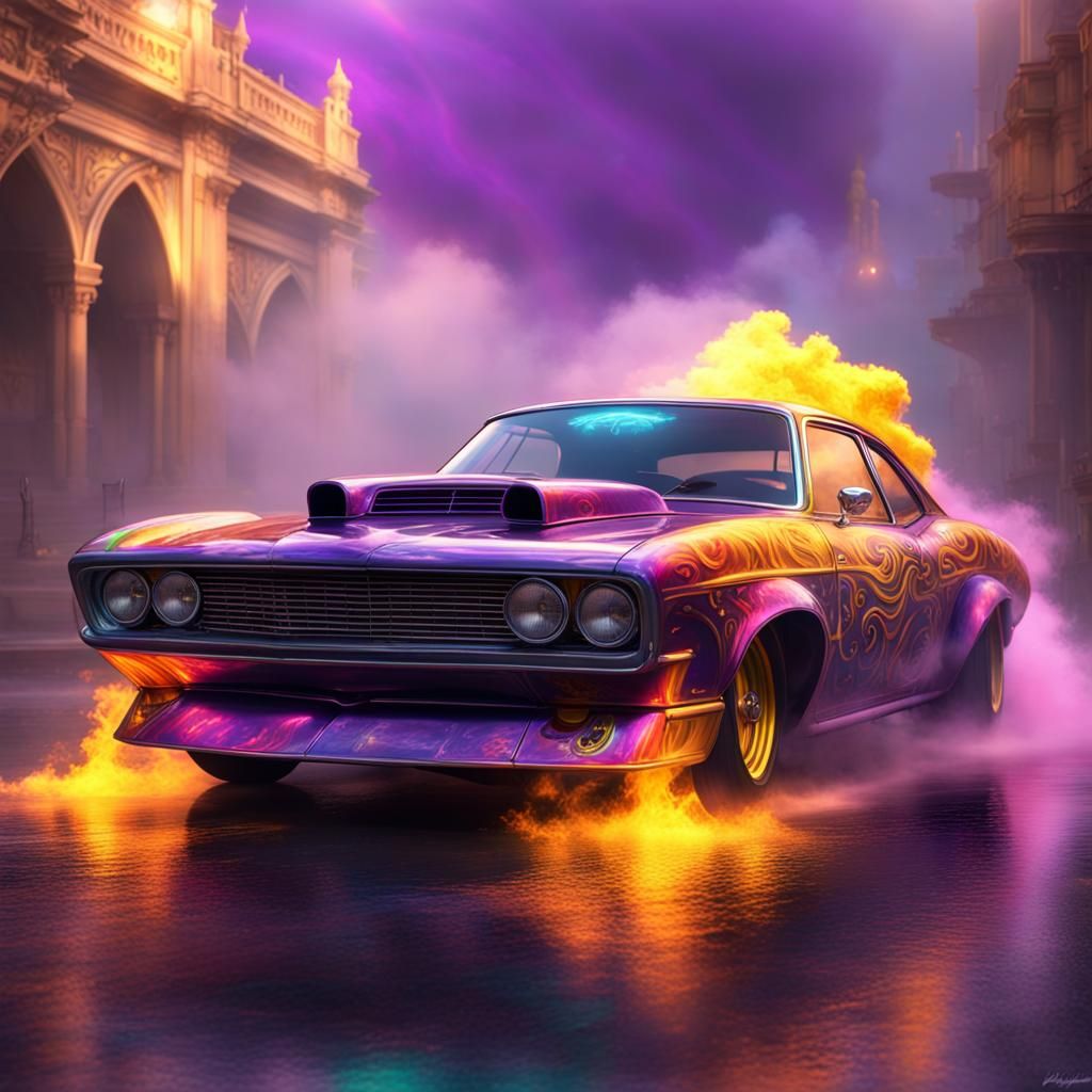 Hyperdetailed Drag Car with Fire, Ice, and Rainbows