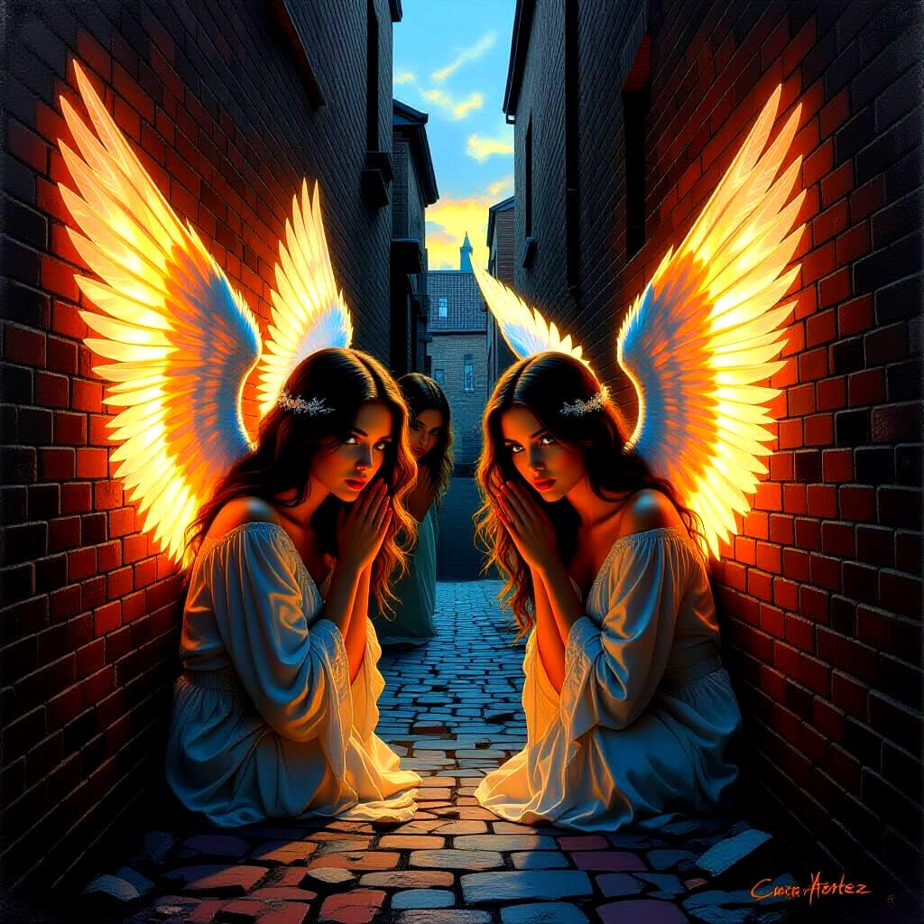 Angelic Figures With Luminous Wings Adorning Urban Walls