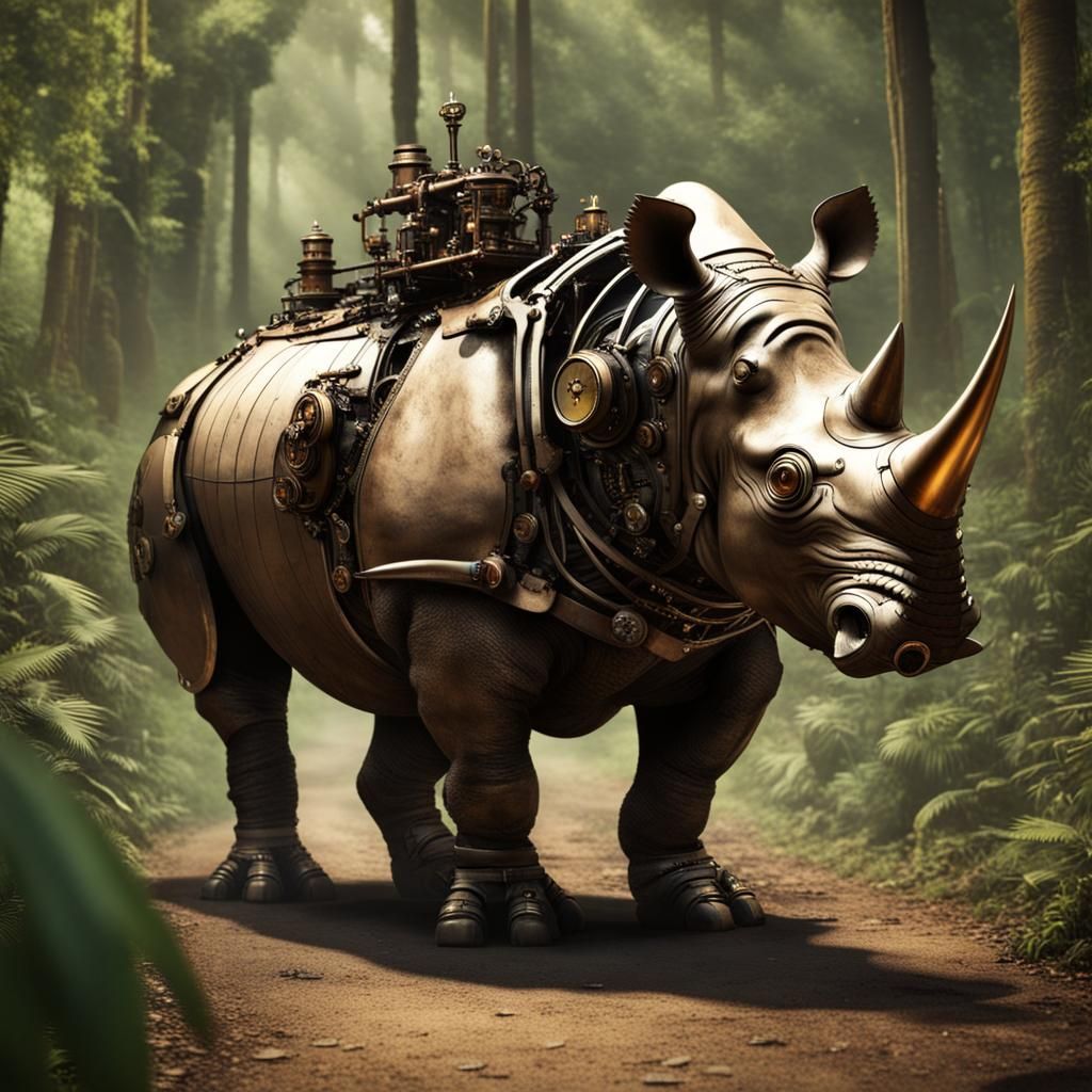 Steampunk Rhino Charging Through Jungle