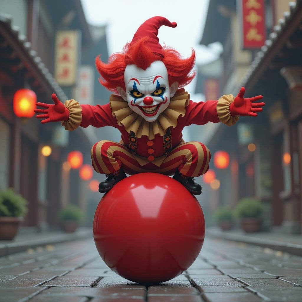 Sinister Hobbit Clown Balances on Giant Red Ball