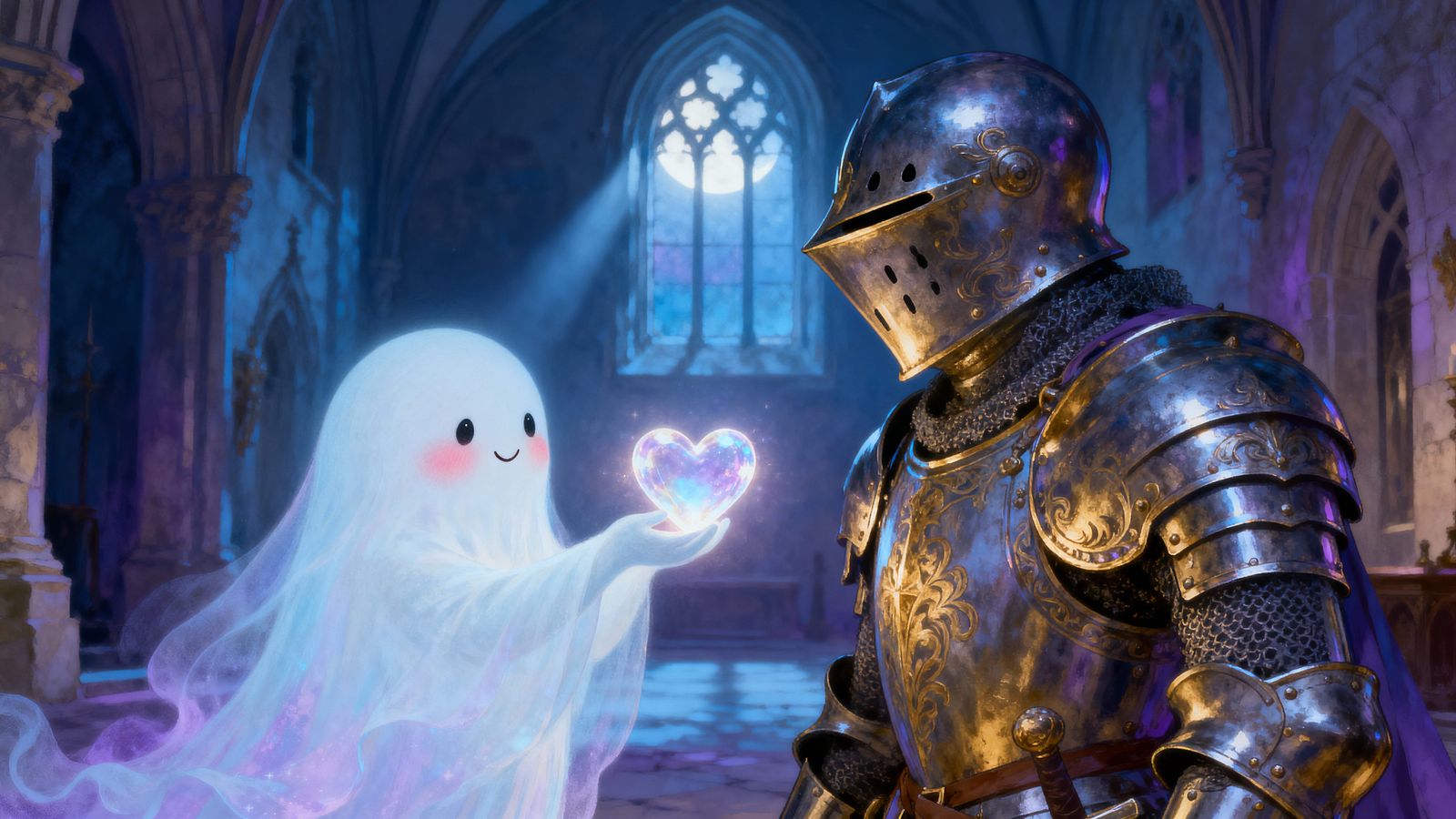 Adorable Ghost Offers Heart to Knight Armor in Gothic Hall