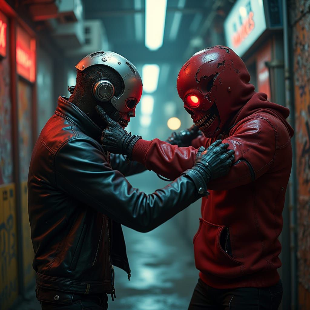 Cyborg Battles Red Skull Robot in Neon Alleyway
