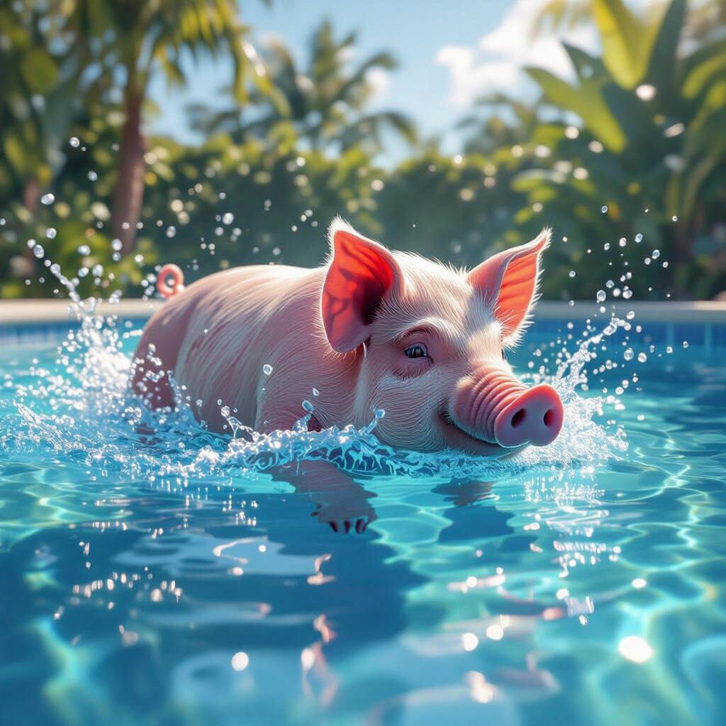 Realistic Pig Swims in Pool Matte Painting