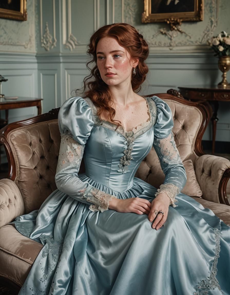 Victorian Woman in Blue Satin Dress Portrait