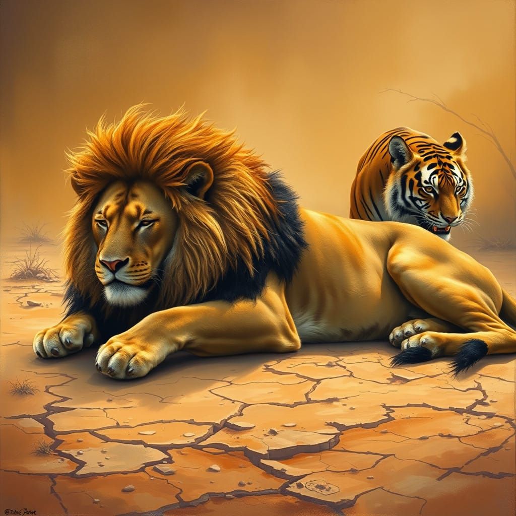 Golden Lion Surrounded by a Pouncing Tiger in a Vibrant Oil...