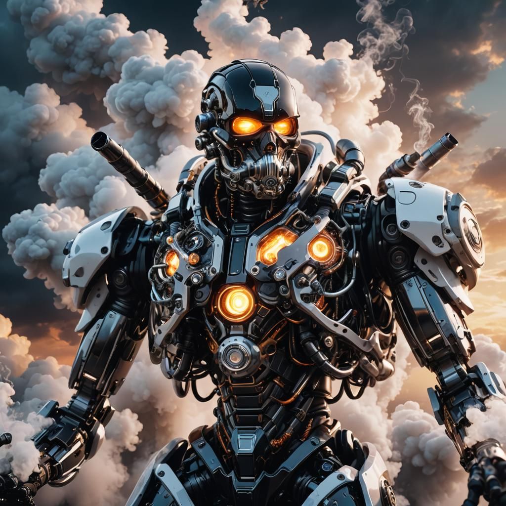 Biotech Cyborg Exhaling Vape at Sunset: Sci-Fi Art