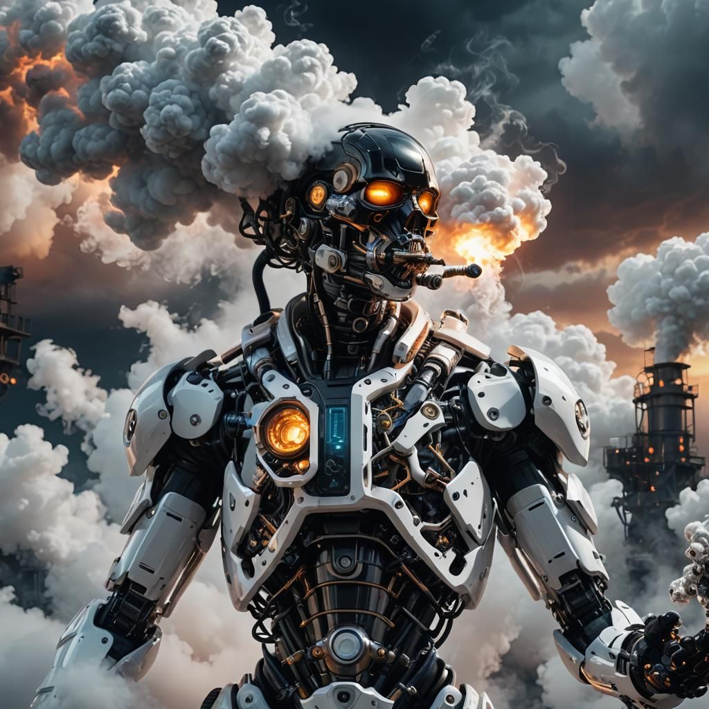 Night Cyborg Exhaling Vape in a Sci-Fi Setting