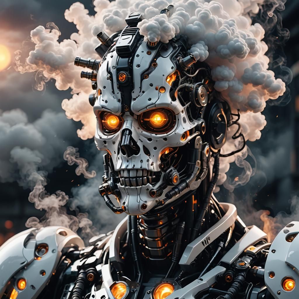 Biomechanical Cyborg Vaping in a Futuristic Landscape