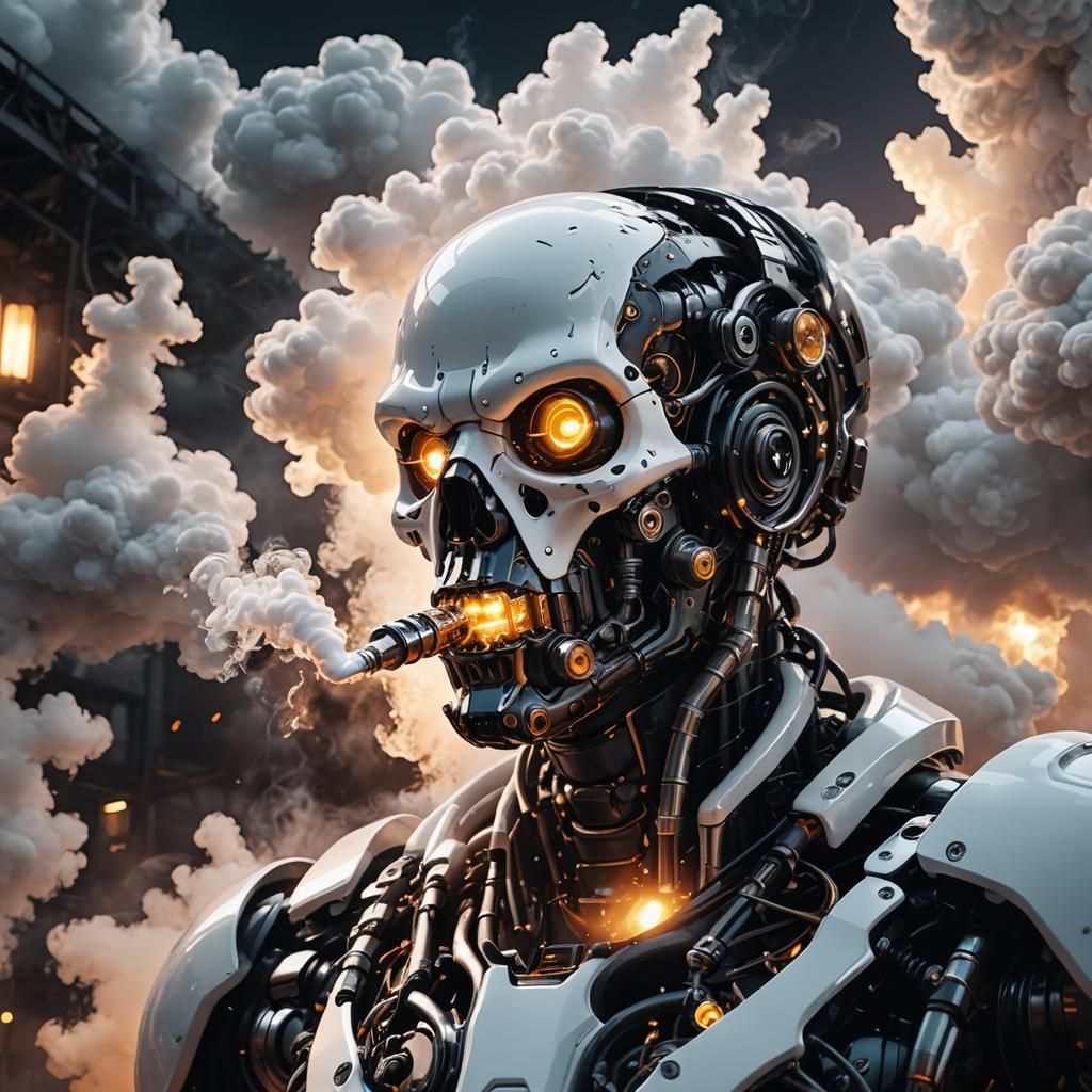 Biomechanical Cyborg Vaping in Futuristic Landscape