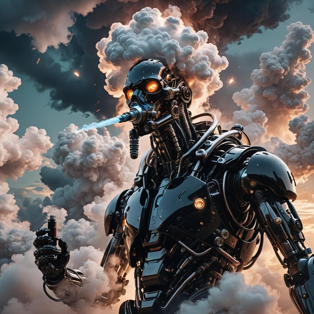 Biotech Cyborg Vaping in Futuristic Landscape