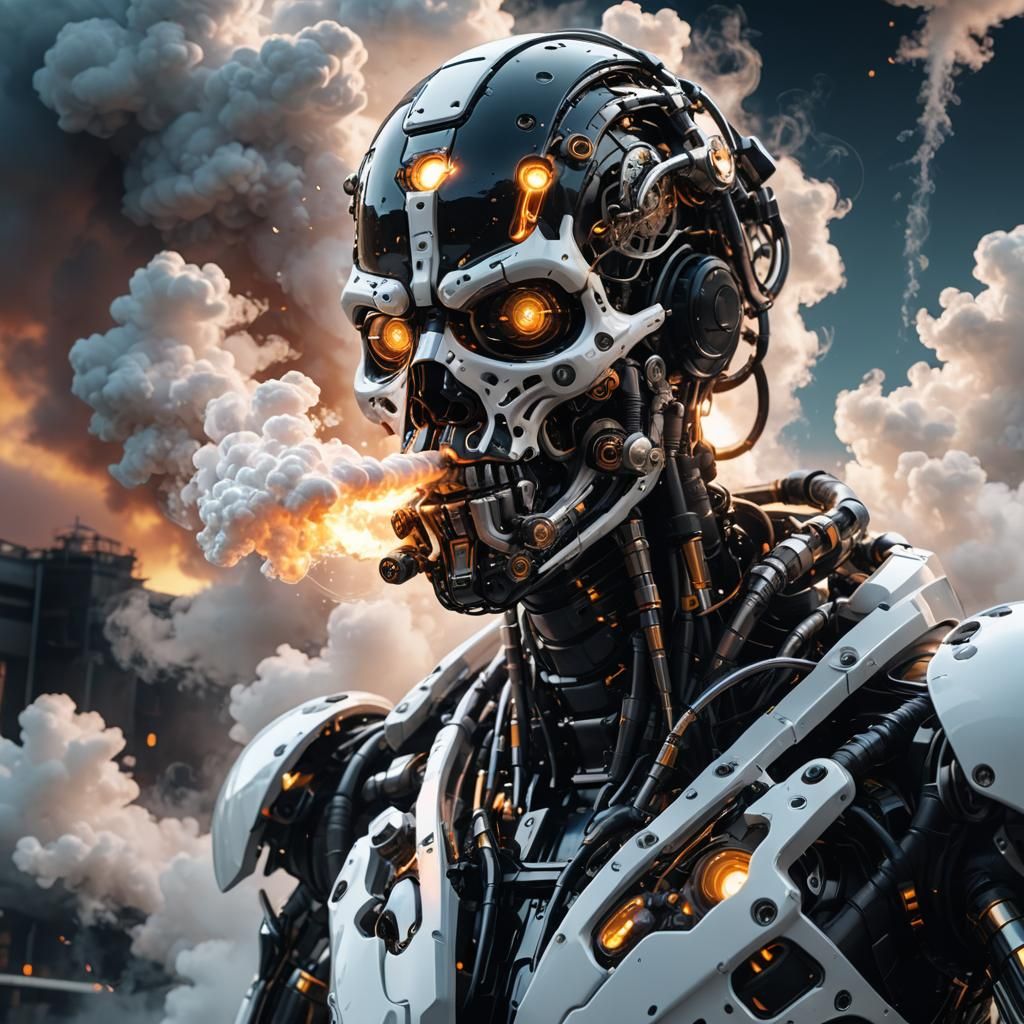 Cyborg Vaping in Futuristic Biomechanical Sunset