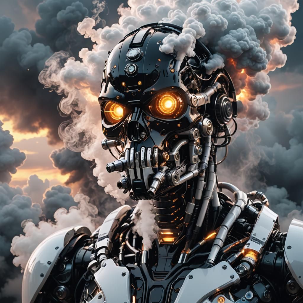 Biomechanical Cyborg Exhaling Vape in a Futuristic Landscape