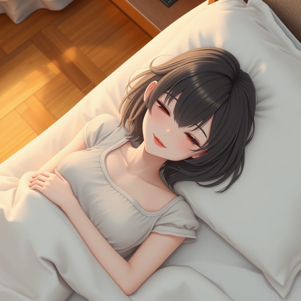 One Eyed Girl Slumbers in Cozy Hotel Bed with Honey Colored ...