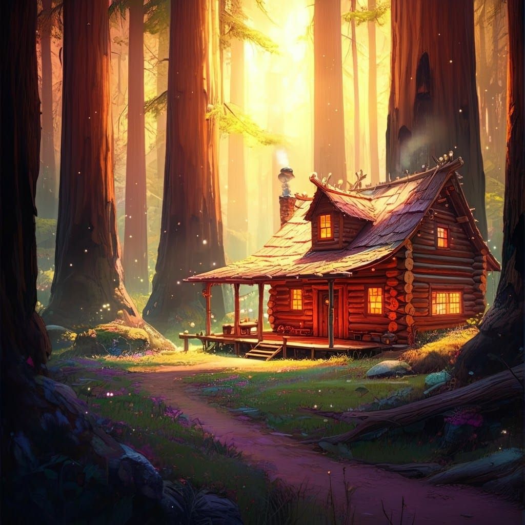 Whimsical Log Cabin in Golden Forest: Dreamy Watercolor