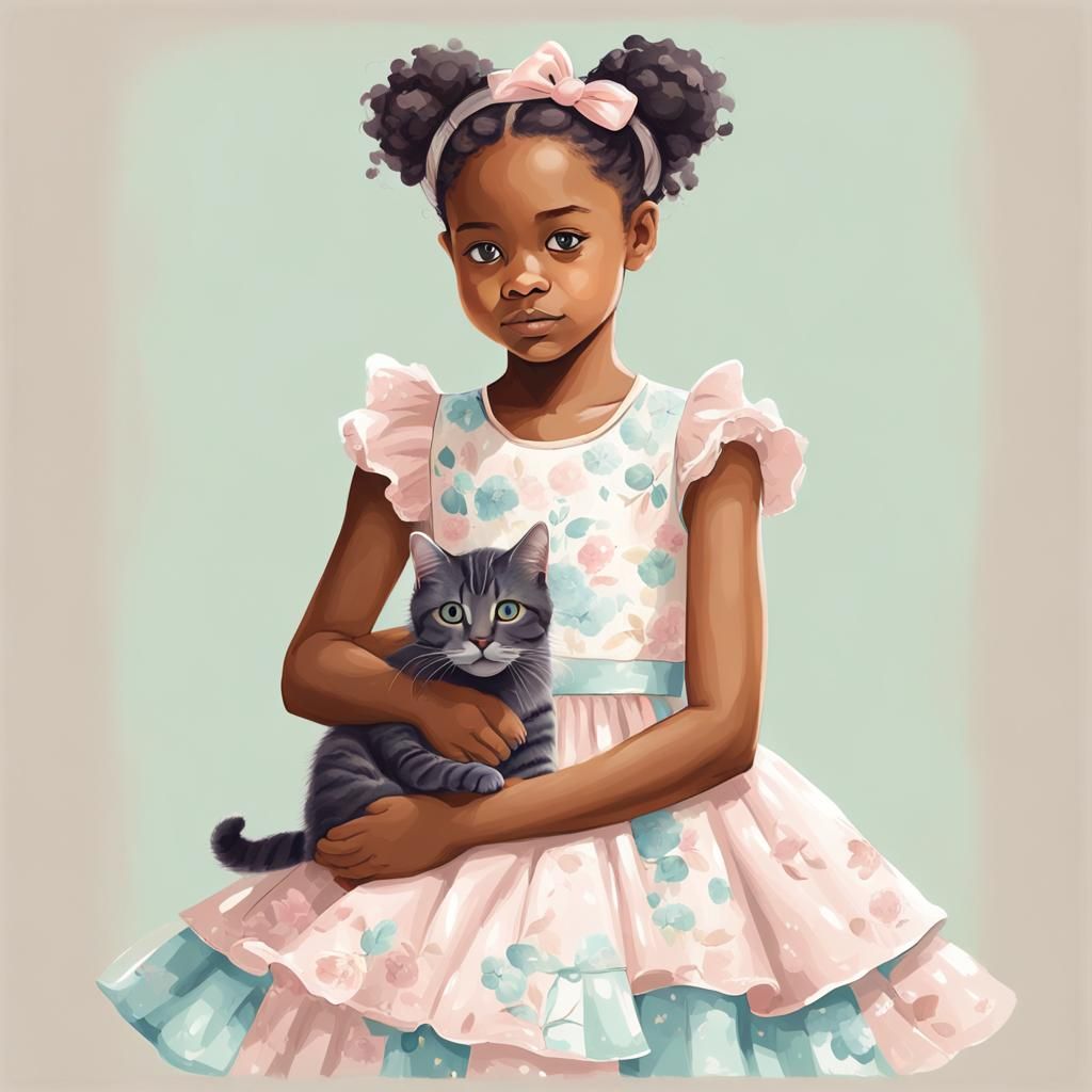 Cute Girl and Cat Portrait in Clipart Style