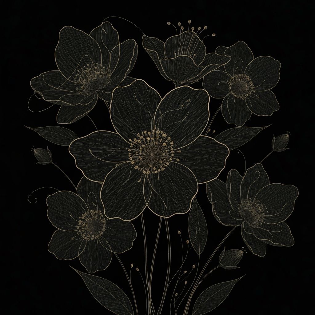 Mysterious Dark Flowers with Gold Accents in Gothic Style