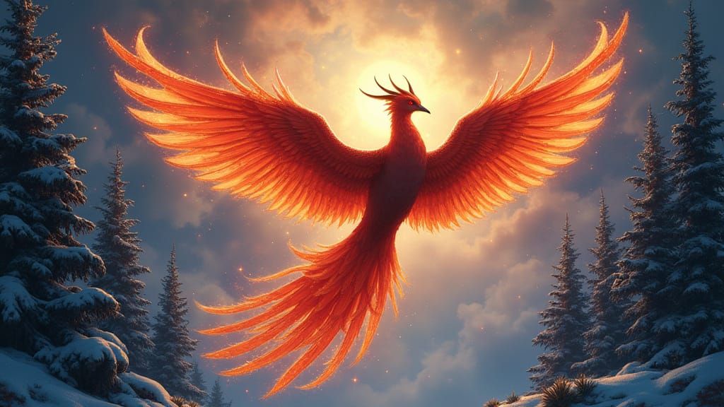 Majestic Phoenix Soaring Through Snowy Pines