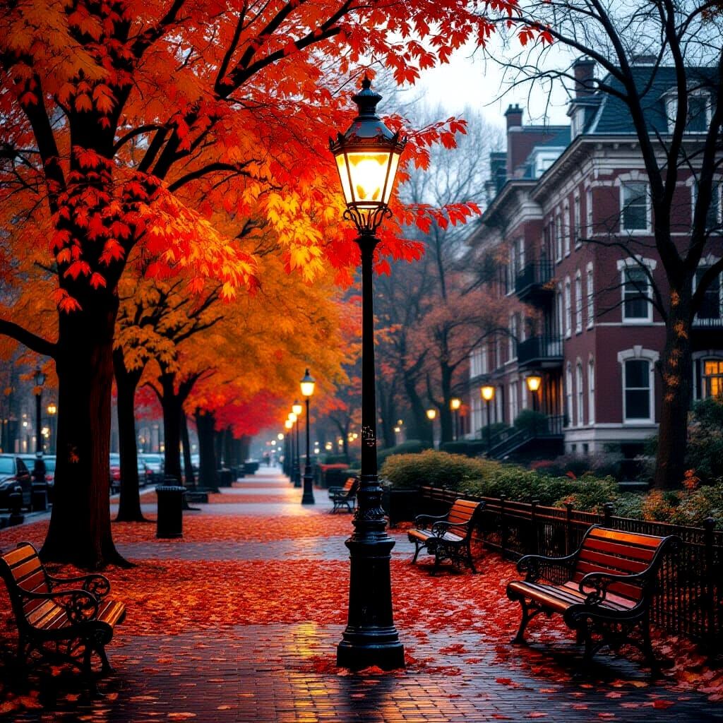 Autumn Park Lamppost Illuminates Swirling Leaves