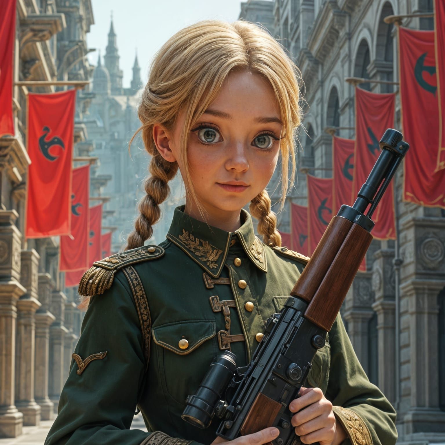 Teen Girl with Rifle in Military Parade Uniform