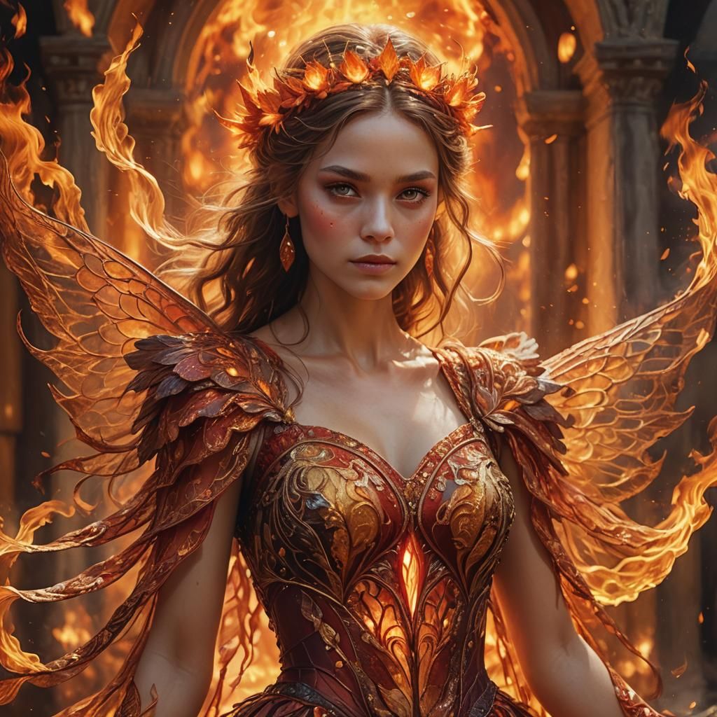 Beautiful Fire Fairy in Flowing Dress: Fantasy Concept Art
