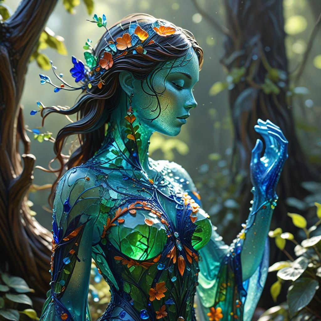Glass Art Forest Spirit Sculpture in Vibrant Coastal Fantasy...