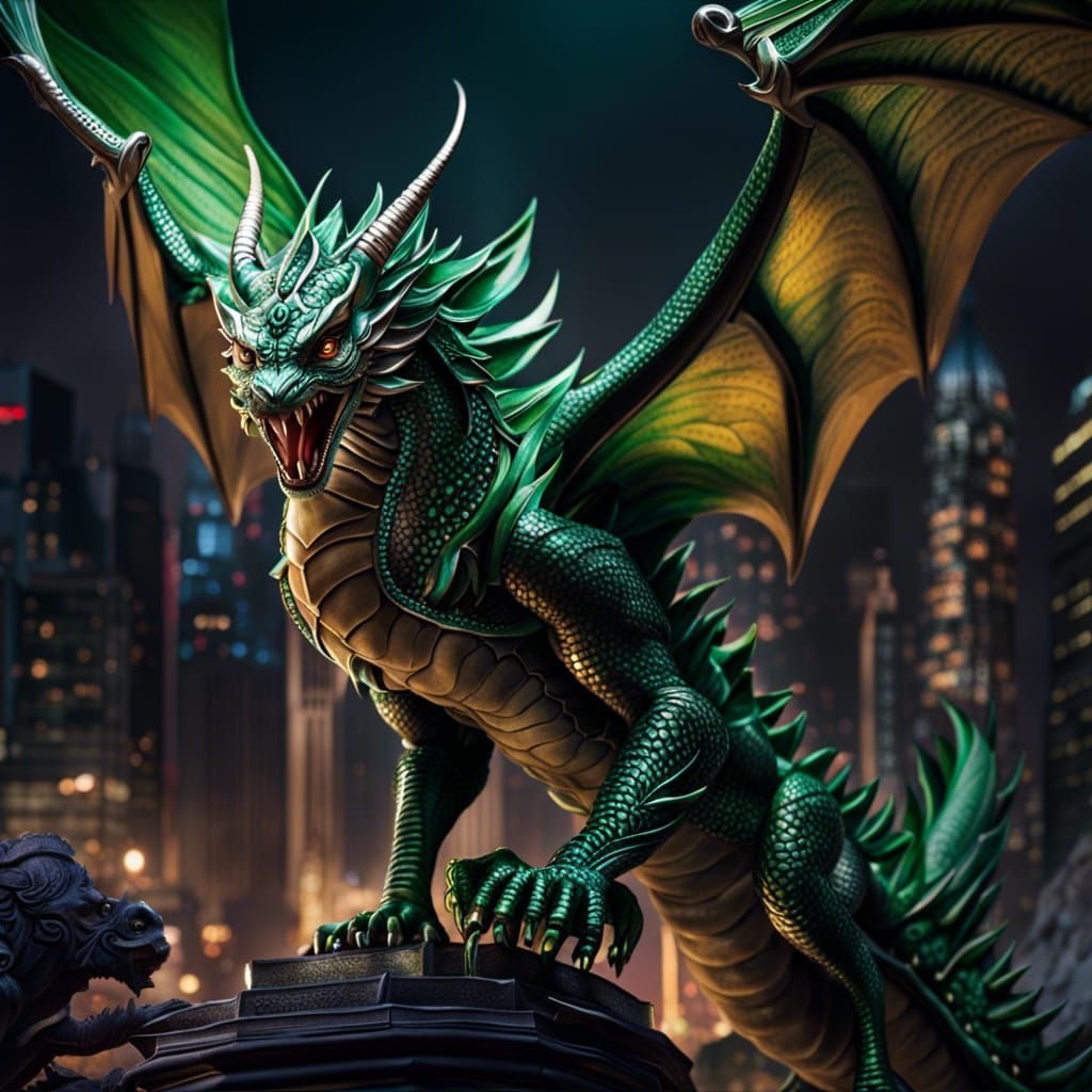 Green Dragon Glass Figurine Over Burning City