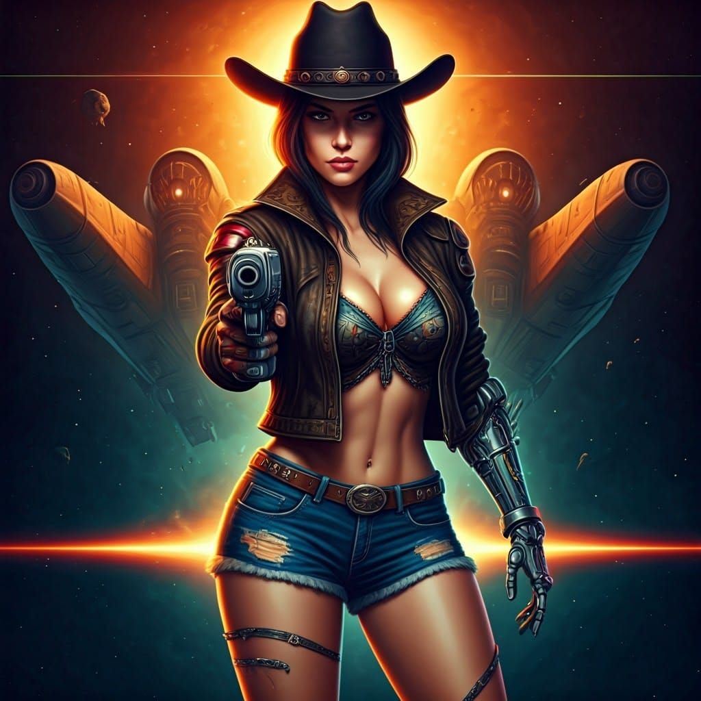 Cyberpunk Cowgirl in Space Western Poster Art