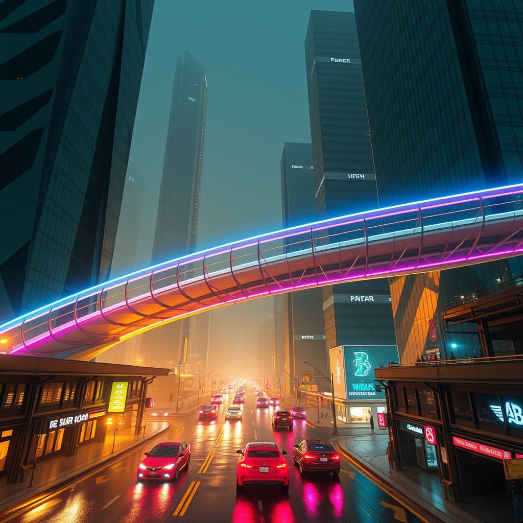 Futuristic Glass Bridge Helix Between Cyberpunk Skyscrapers ...