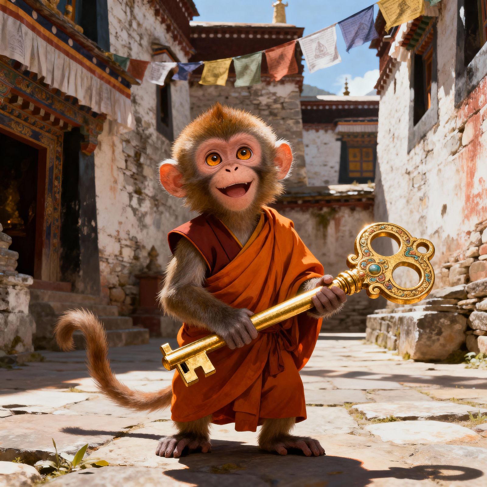 Adorable Monk Monkey Holds Giant Key at Monastery