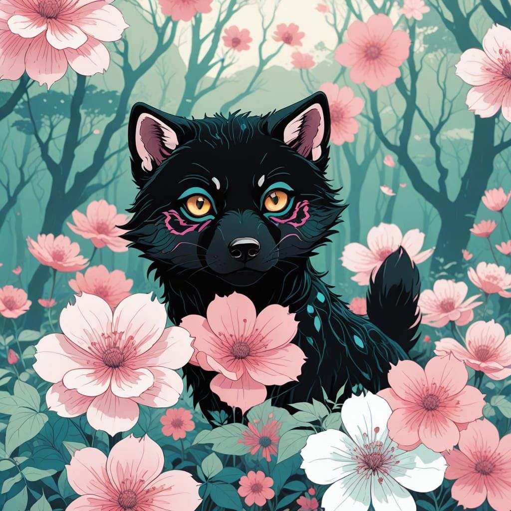 Mysterious Wolf-Like Creature in Vibrant Fantasy Forest