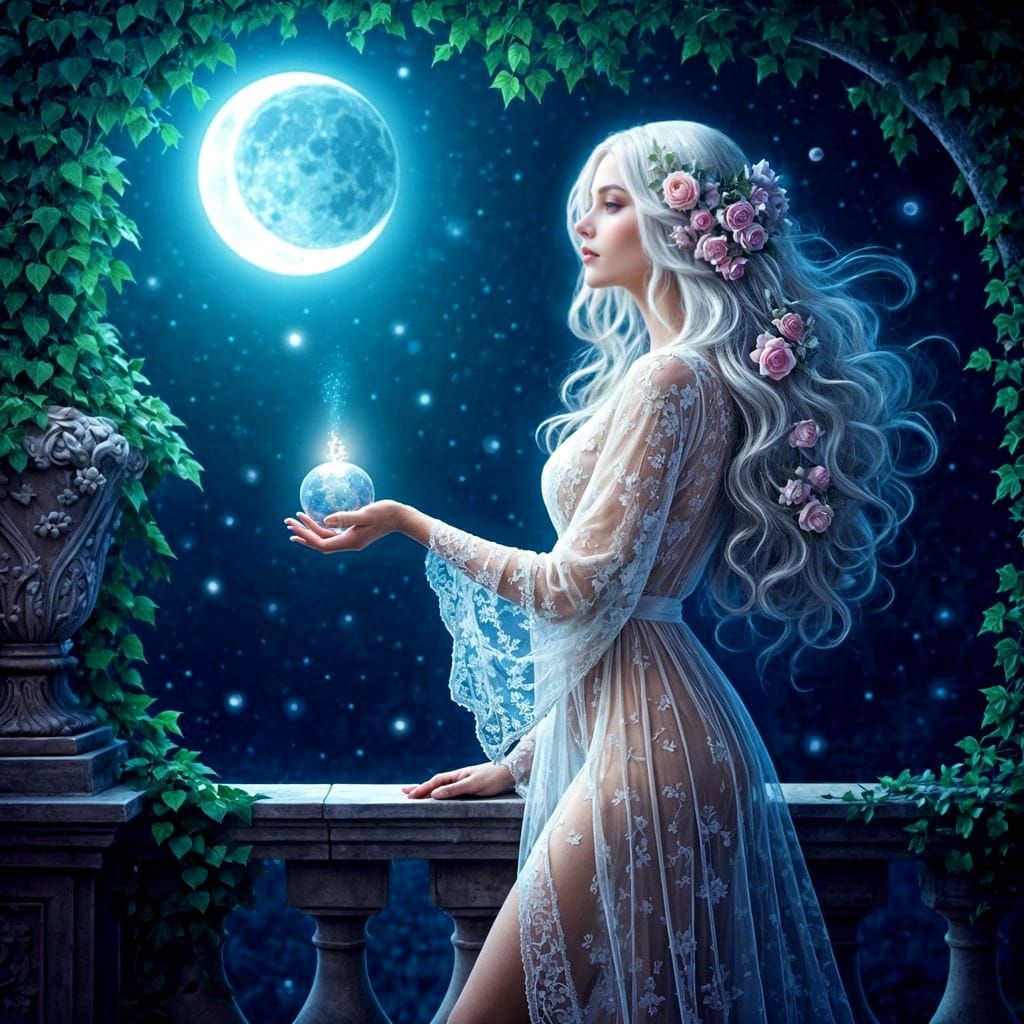 Elegant Woman on Balcony Admiring Moon
