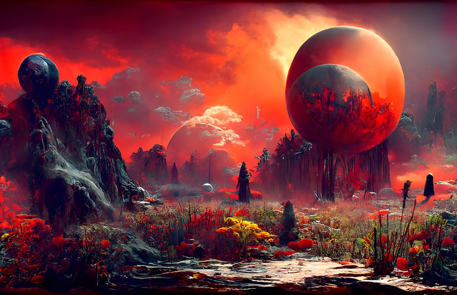 Mystical Alien Moonrise Over Forest and Lake