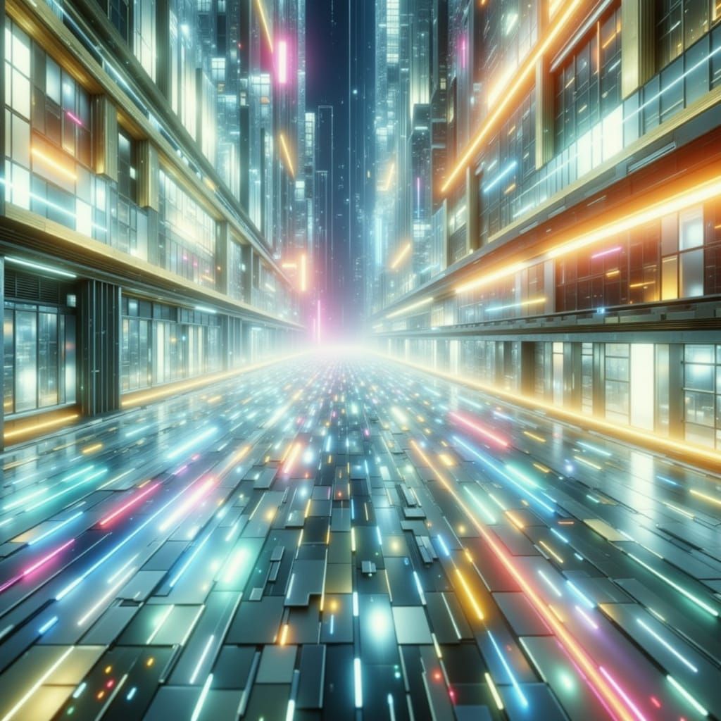 Nighttime cityscape of Geometrical shaped buildings, digital...