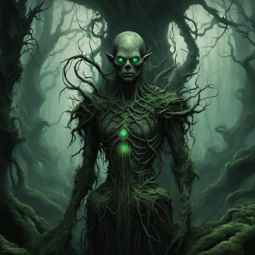 Twisted Fey Creature Emerges from Ravaged Fungal Grove